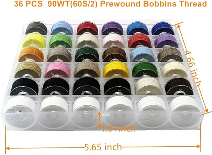 36pcs Colors 60S/2(90WT) Prewound Bobbin Thread, Plastic Size A SA156 Embroidery Bobbins, Cottonized Soft Feel Sewing Machine Bobbin for Brother Singer Janome Babylock Quilting Embroidery