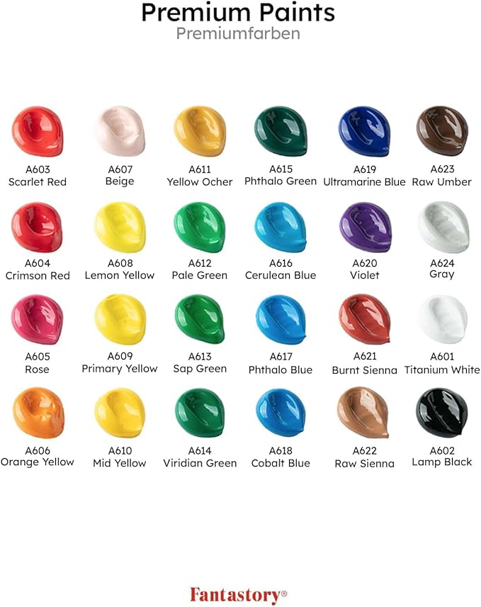 Fantastory Acrylic Paint Set, 24 x 60 ml with 12 Brushes; Christmas Acrylic Paint, Waterproof; For Artwork & DIY Projects on Canvas, Wood, Glass, Clay, Fabric, Ceramic, Paper, Canvas