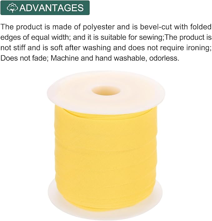 MECCANIXITY 1 Inch Single Fold Bias Tape Polyester Continuous Bulk Bias Tape for Sewing, Seaming Quilting Hemming Binding Crafts (Yellow 25 Yards)