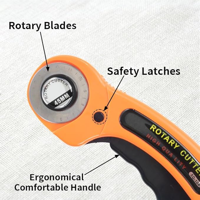 Rotary Cutter for Fabric, 45mm and 28mm Rotary Cutters Kit with Extra 10 Blades, Ergonomic Rolling Cutter with Safety Lock, Suitable for Leather, Crafting, Sewing, and Quilting Fabric (Orange)