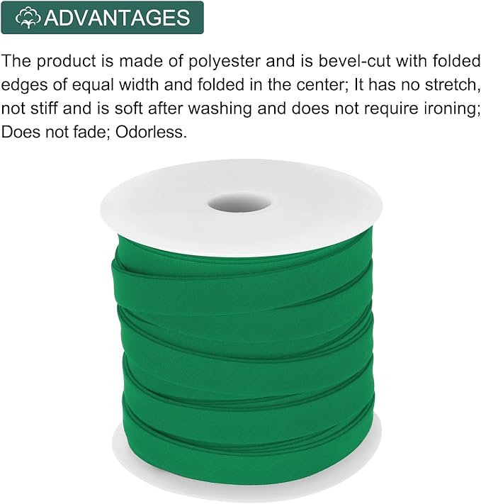MECCANIXITY 1/2 Inch Double Fold Bias Tape Polyester Continuous Bulk Bias Tape for Sewing,Seaming Quilting Hemming Binding Crafts (Green 25 Yards)