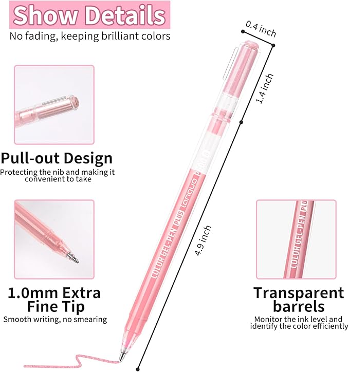 Glitter Gel Pens, 6 Pack Colored Pens for Black Paper & White Paper, 1.0mm Point Pens, Large Capacity Ink Pens for Coloring, Writing, Drawing, Journaling, Note Taking, Office, Home