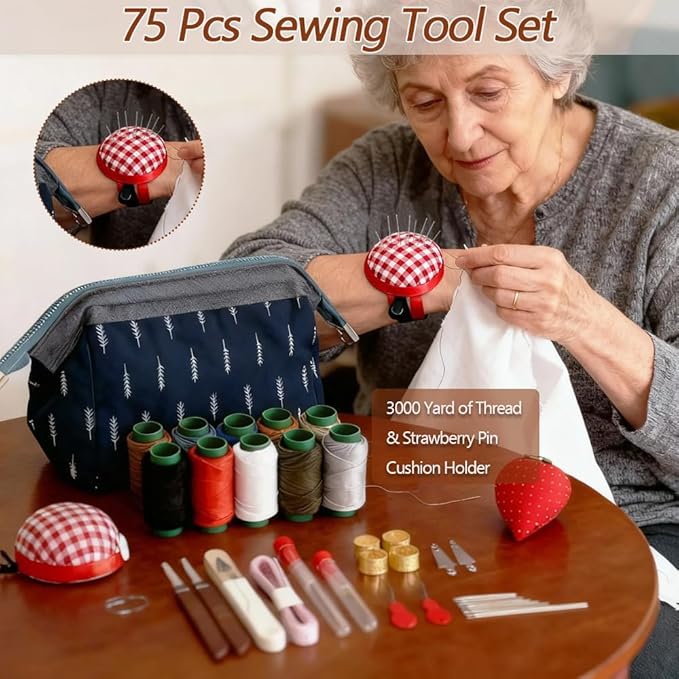 75 PCS Sewing Tool Set, Big Eye Steel Sewing Needles Kit with 10 Rolls Jeans Thread & Strawberry Pin Cushion Holder, Denim Needles Hand Repair Kit for Beginners, Portable DIY Travel Working
