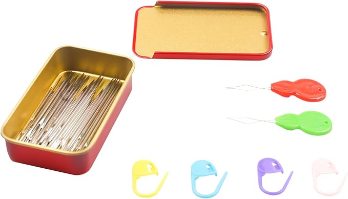 40/80PCS Large Eye Sewing Needles, 8 Sizes Hand Sewing Sharp Needles, Embroidery Needle, Leather Needle,Stainless Steel Yarn Needles with Threaders & Stitch Markers (Red 80pcs)
