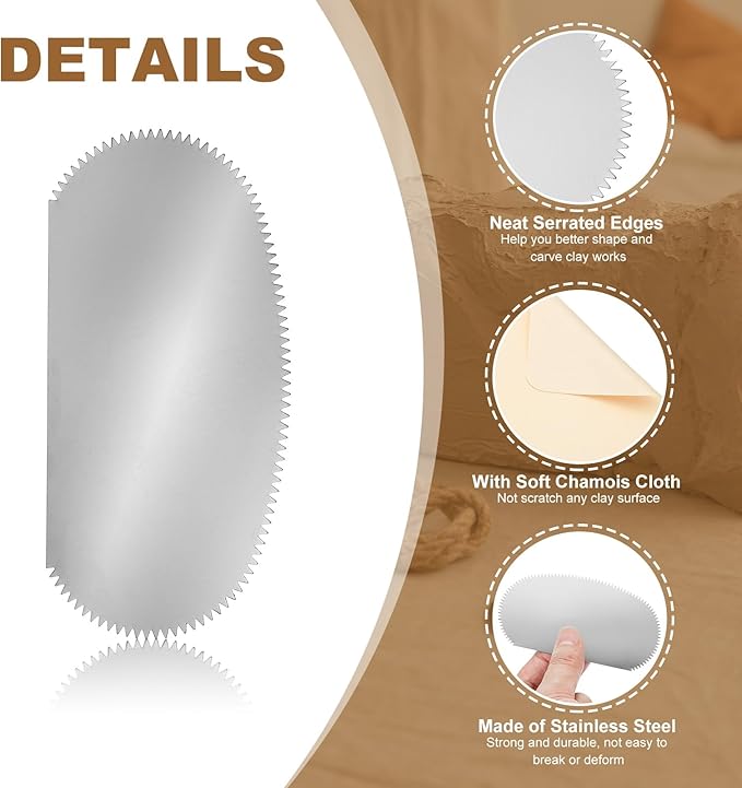 YOKIVE 2Pcs Steel Pottery Tools, Serrated Scraper Clay Ribs 3.94" x 2" Stainless Steel Sculpture Modeling Cutter Ceramic Tools with 2 Beige Chamois Cloth