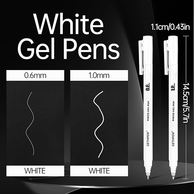 White Gel Pens,0.6/1.0mm Fine Point Gel Ink Pens,Opaque White Ink Pens for Black Paper Drawing, Sketching, Illustration, Card Making, Bullet Journaling,Pack of 6