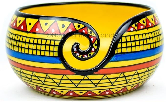 Nagina International Ceramic Attractively Hand Painted Gorgeous Stoneware Yarn Ball Storage Bowl with Innovative Dispensing Curl | Knitting & Crochet Accessions (Medium, African Yellow)