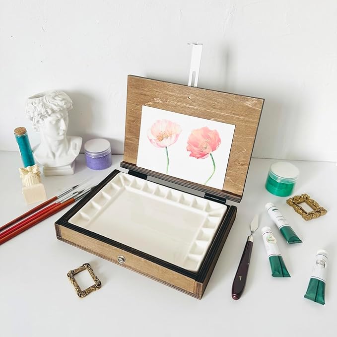 Bower Bird Wooden Travel Paint Box - Portable Watercolor & Oil Painting Kit with 18-Well Palette Compatibility, Adjustable Metal Fasteners,Built-in Acrylic Tray，Lightweight Travel (Wooden Paint Box)
