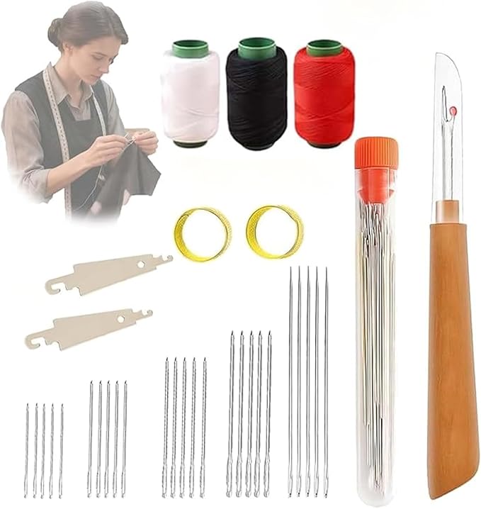 Large-Eye Steel Sewing Needle Set, Stainless Steel Hand Sewing Needle Set [25 Steel Needles, 1 Needle Box, 1 Sewing Ripper, 2 Needle Threading Tools, 4 Threads, 2 Thacks] (34 PCS)