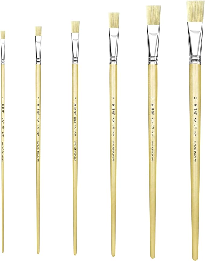 XDT#579 Flat Artist Paint Brush 6 Piece Set, Hog Bristle Wash Tip #1#3#5#7#9#11, Craft Face Body Paint Acrylic Oil Watercolor