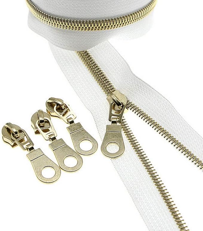 #5 Gold Metallic Nylon Coil Zipper by The Yard, Bulk 10 Yards White Tape with 25PCS Rose Gold Zippers Pulls for Sewing, Bags, Purses YIGUANXIN