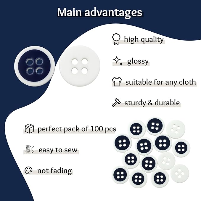 100 Pcs White and Navy Buttons for Sewing 0.5 inch 4-Hole Round Buttons for Uniform 16L Navy Plastic Glossy 10mm Ideal for Workwear School Chef Aprons Pants Jacket Bags Accessories Craft DIY