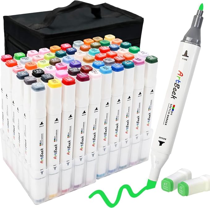 ArtBeek Alcohol Markers, 60 Coloring Markers for Adult Coloring Books No Bleeding, Dual Tip (Chisel & Fine Tip)