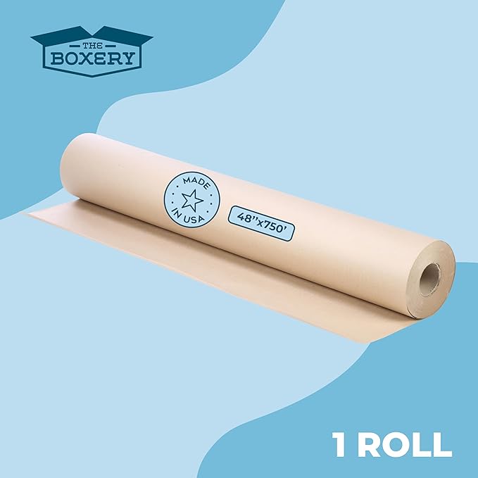 The Boxery Kraft/Brown Kraft Paper Roll, 48” x 9000” (750’)-50lb. Thickness, Heavy Duty Brown Wrapping Paper, Natural Kraft Packing Paper, Void Fill, Arts and Crafts, Bulletin Boards, Gift Wrapping