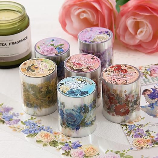 Alideco 6pcs Decorative Adhesive Tapes Fresh Literary Girl Botanical Flower Landscape PET Tape Great for Bullet Journal Supplies, Arts, Scrapbook, DIY Crafts, Planners (menghuaxianzong)