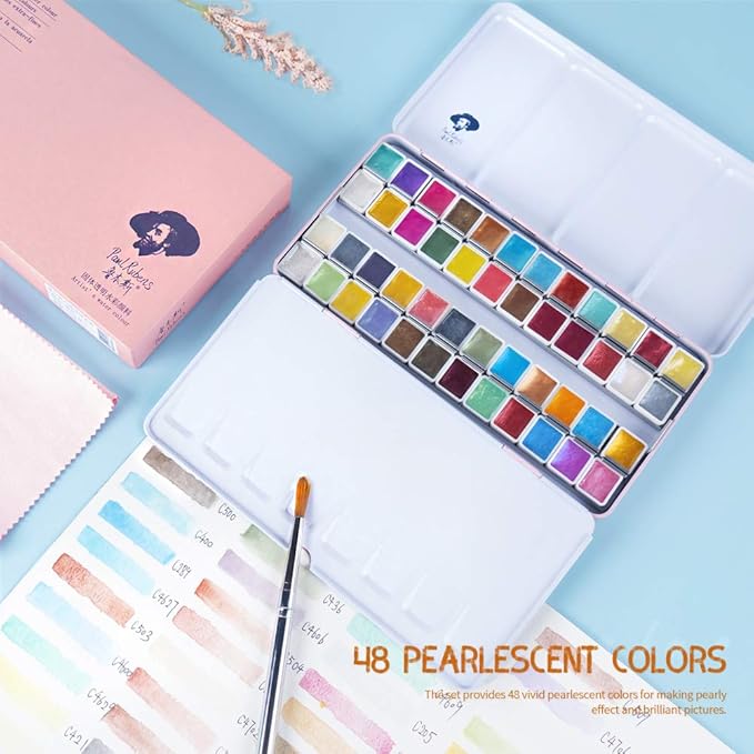 Paul Rubens Artist Grade Watercolor Set, 48 Colors Glitter Metallic Paints, Portable Metal Case, Suitable for Beginners, Hobbyists, Students, Artists