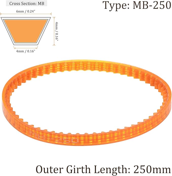 Kozelo 2Pcs MB250 Standard Sewing Machine Motor Belts - [250mm Girth x 4mm Thickness ] Polyurethane Motor Drive V-Belt for Household Electric Sewing Machine Use, Single Tooth, Orange