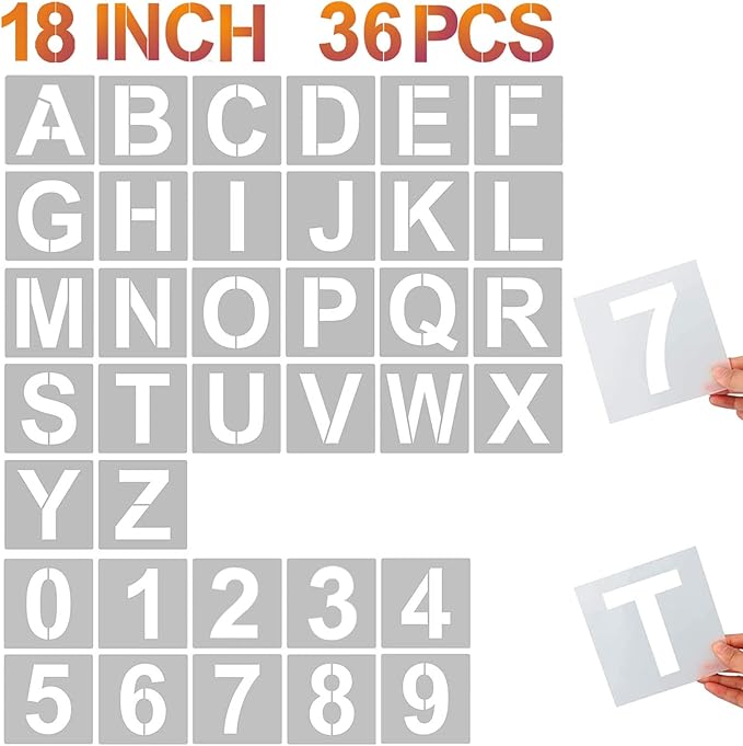 YEAJON 18 Inch Letter Stencils and Numbers, 36 Pcs Alphabet Art Craft Stencils, Reusable Plastic Templates for Wood, Wall, Fabric, Rock, Signage, DIY Art Projects (18 Inch)