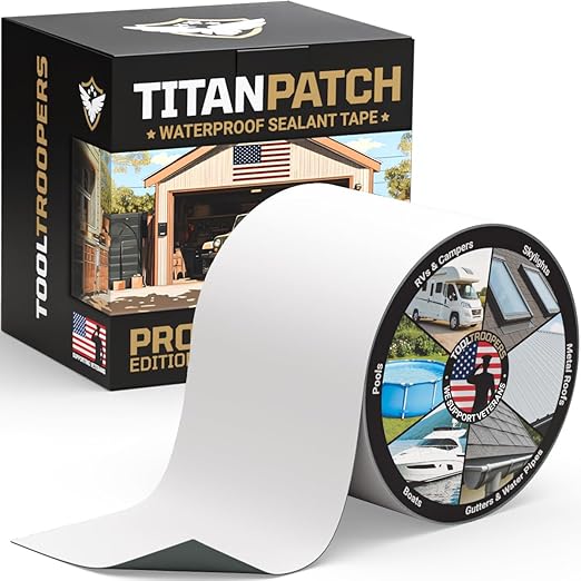 Titan Patch PRO Waterproof Sealant Tape – White 4" x50' – Stops Leaks Fast & Stays Sealed for 15+ Years – Sticks to RVs, Roofs, Pools, Boats, Gutters – Built for Harsh Weather (-40°F to 190°F)