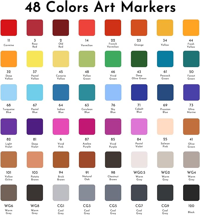 ABEIER Alcohol Markers, 48 Colors Dual Tip (Fine & Chisel) Art, Coloring Markers for Adults, Ideal for Book Drawing Sketching Painting, Card Making