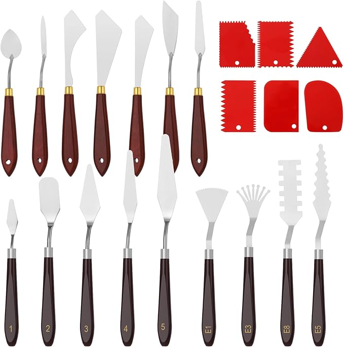 22 PCS Palette Spatula Set, Stainless Steel Palette Tools and Plastic Scrapers, Painting Pallet Spatulas with Wooden Handle for Oil Painting, Acrylic Color Mixing Texturing