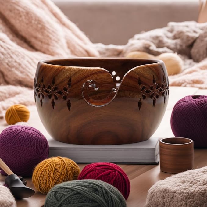 Wooden Large Yarn Bowl (7x4) – Yarn Holder for Crocheting & Knitting – Crochet Bowl with Carved Holes – Yarn Ball Storage Christmas Gift for Women