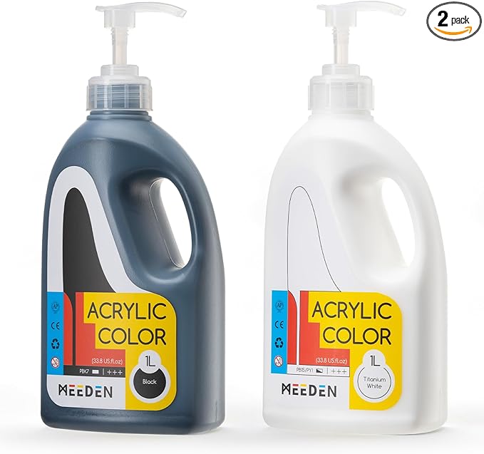 MEEDEN Titanium White & Black Acrylic Paint: 1 L /33.8 oz Satin Liquid Paint with Pump Lid - Soft Body Art Paints for Canvas, Studio, School, Wall & Poured Paintings
