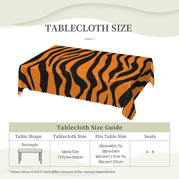 Tiger Print Rectangle Tablecloth African Animal Tiger Skin Orange Black Stripe Table Cloth Dining Table Cover for Home Kitchen Restaurant Party Buffet Picnic 54 x 72 Inch