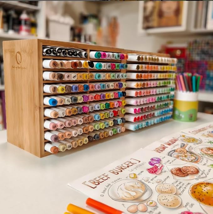Ohuhu Bamboo Marker Organizer, Wooden Desktop Storage Hold 126 Markers, Pens, Pencils, Art Brushes Stationary Organizer Pencil Holder with 18 Compartments for Home, Classroom, Office Decor