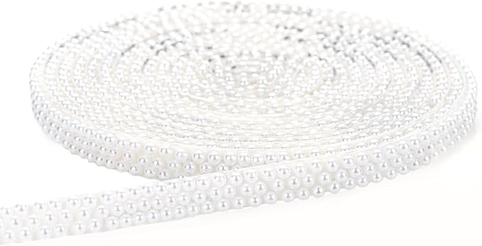 Novani Self Adhesive Pears Ribbon 1 Roll - 3 Yards Beige Pearls Crystal Diamond Bling Strips Glitter Resin Ribbon for Crafting Home DIY Decoration（Beige,0.35 Inch,3Y）
