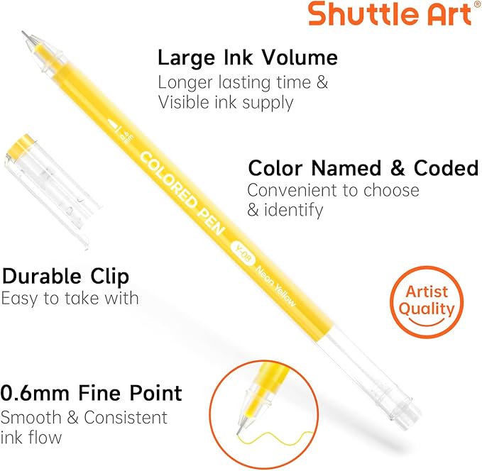 Shuttle Art Colored Pens, 22 Highlight Tone Colors Cute Journal Pens 0.6mm Fine Point Colored Gel Pens for Black Paper Adult Coloring Writing Drawing Journaling Note Taking School Office Home
