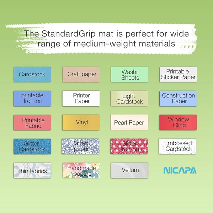 Nicapa Standard Grip Cutting Mat for Cricut Maker 3/Maker/Explore 3/Air 2/Air/One (12x12 inch,5 packs) Standard Adhesive Sticky Green Quilting Replacement Cut Pads
