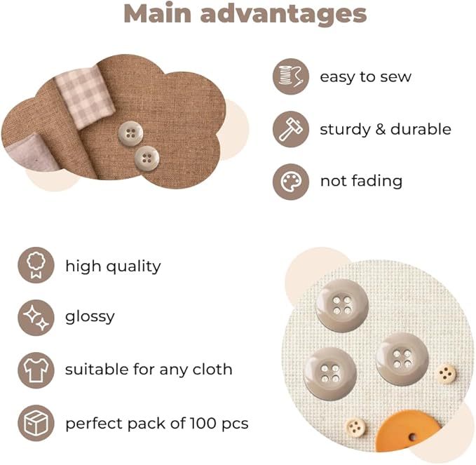 100 Pcs Khaki Pant Buttons 0.7 inch Industrial Buttons for Sewing 27L 4 Hole Sewing Round Plastic Replacement Bulk Ideal for Pant Uniform Pants Jeans Jacket Skirt Shorts Craft DIY Art Decorative