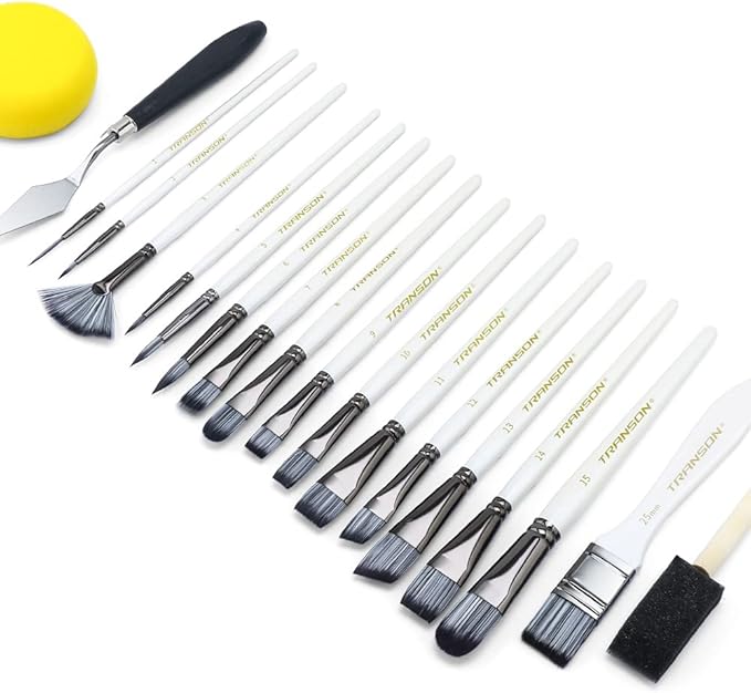 Transon Art Paint Brush Kit 16 Paint Brushes with Foam Brush Sponge Spatula and Art Case for Oil, Acrylic, Watercolor, Gouache, Painting