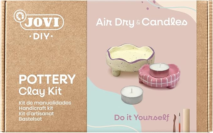 Jovi - DIY Air Dry Kit & Candles - Pottery Kit for Adults, Making Candle Holders with White Air Dry Clay + Paints, Sculpting Tools, Step-by-Step Guide and Video Tutorial, Starter Set for Beginners