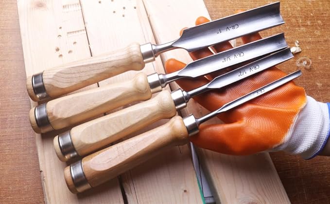 ATOPLEE 4 Pieces Wood Chisel Set for Woodworking, Professional Wood Chisel Tool Carpenter Gouge CR-V Steel Semi-Circular Edge Sharp Blade 8mm(5/16")/12mm(1/2")/18mm(3/4")/25mm(1") (Full Size-4PCS)