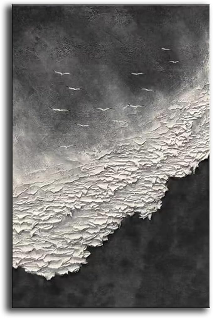 YaSheng Art - Thick Texture Abstract Oil Painting Hand-Painted sea wave Black and White Wall Art Minimalist modern Art Paintings Home Living room Room Dining Room Bedroom Wall Decorative Art Oil Painting 24x36inch