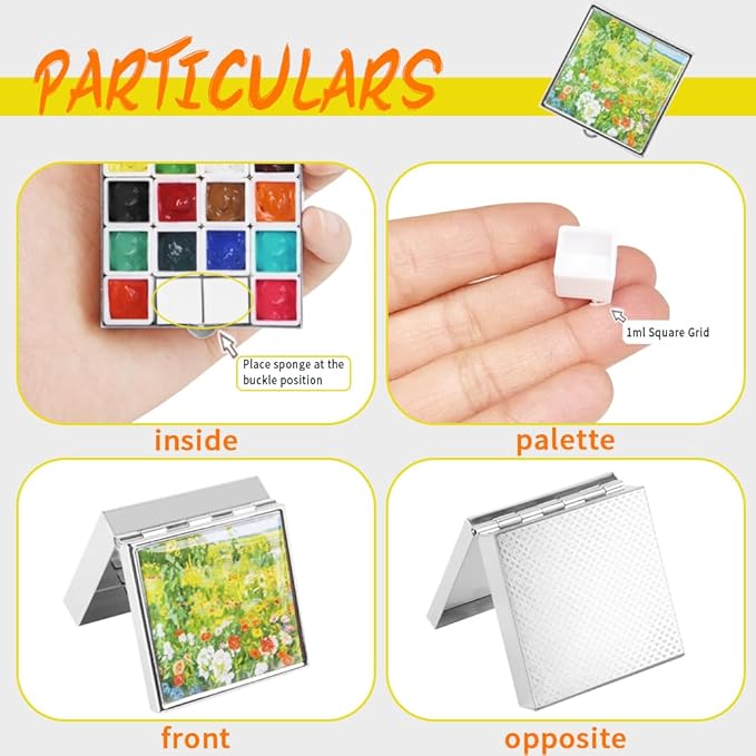 Portable Mini Tin Box 14-Well Empty Watercolor Palette Paint Mixing Tray is a Small Storage Travel Kit with Magnetic Clip and Oil Pot, Perfect for Outdoor Sketching and DIY Painting.Tussock