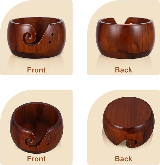 Wooden Yarn Bowl with 8Pcs Metal Crochet Hooks, Knitting Yarn Bowl with Holes Storage Handmade to Prevent Slipping, Perfect Yarn Holder Bowl for Crocheting and Knitting Mother's Day Gift 5" x 3"