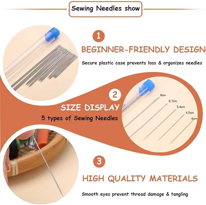 37Pcs Sewing Tool Set, Big Eye Steel Sewing Needle Kit, Multisize Threader and Needle Repair Kit Stainless Steel Needles for Hand Sewing Kit with Thread Ripper, Needle Threaders, Threads and Thimbles.