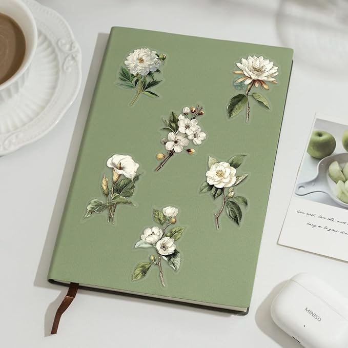 50pcs White Flower Scrapbook Stickers – Vintage Botanical Clear Floral Aesthetic Stickers for Journaling, Scrapbooking, Cards, Planners