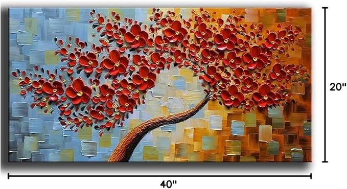 YaSheng Art- hand painted Contemporary Art Oil Painting On Canvas Texture Palette Knife 3D Red Flowers Tree Paintings Abstract Art Home Modern Bedroom Dining Room Living Room Wall Art Decor 20x40inch