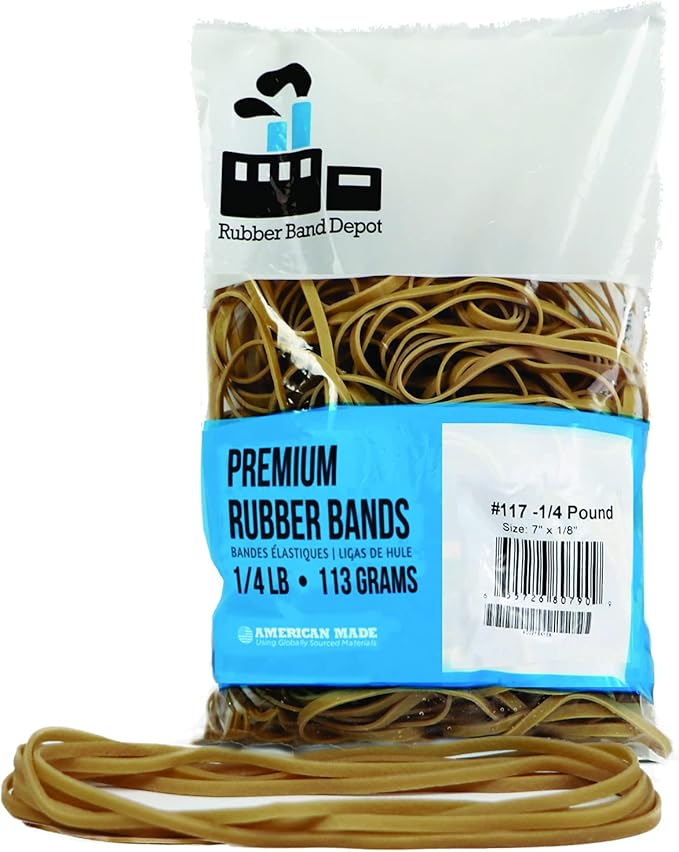 7 Inch x 1/8 Inch Clear Natural Rubber Bands, Size #117B - 1/4 Pound Bag - Approximately 47 Bands