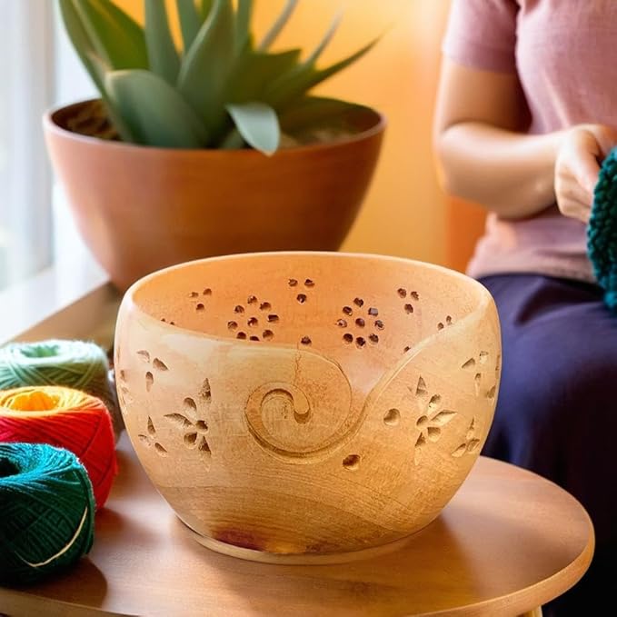 Prime Art Wooden Yarn Bowl Yarn Bowl for Crochet Yarn Bowl for Knitting Yarn Bowl for Crochet Large Yarn Bowl (Mangowood)
