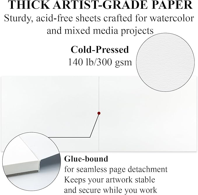 Watercolor Paper Pad, Watercolor Pad 9x12”, 300 GSM/ 140 lb Water Color Paper, 16 Sheets Cold Press - Painting, Drawing & Art Supplies for Adults & Kids, Watercolor Sketchbook for Wet & Dry Media.