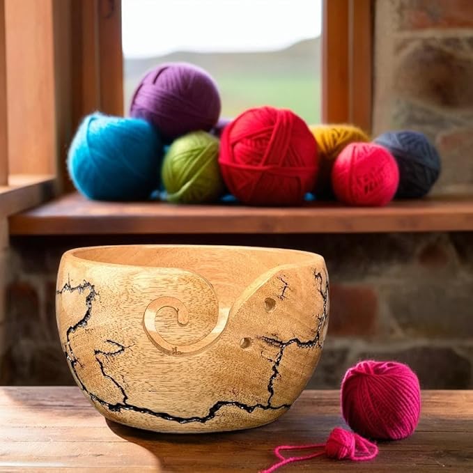 Prime Art Wooden Yarn Bowl for Crochet and Knitting - Large Bowl (Black)