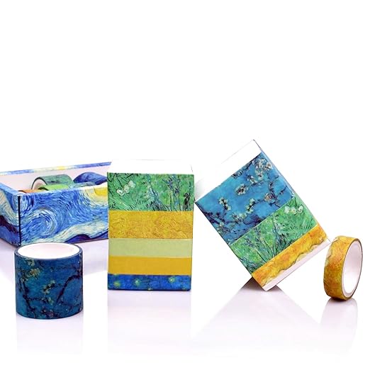 Washi Tape Set of 12 Rolls,Van Gogh Starry Night Decorative Green Leaves Floral Blue Yellow Washi Masking Tape Sets for Craft,Kids,Scrapbook,DIY,Gift Wrapping(Yellow)