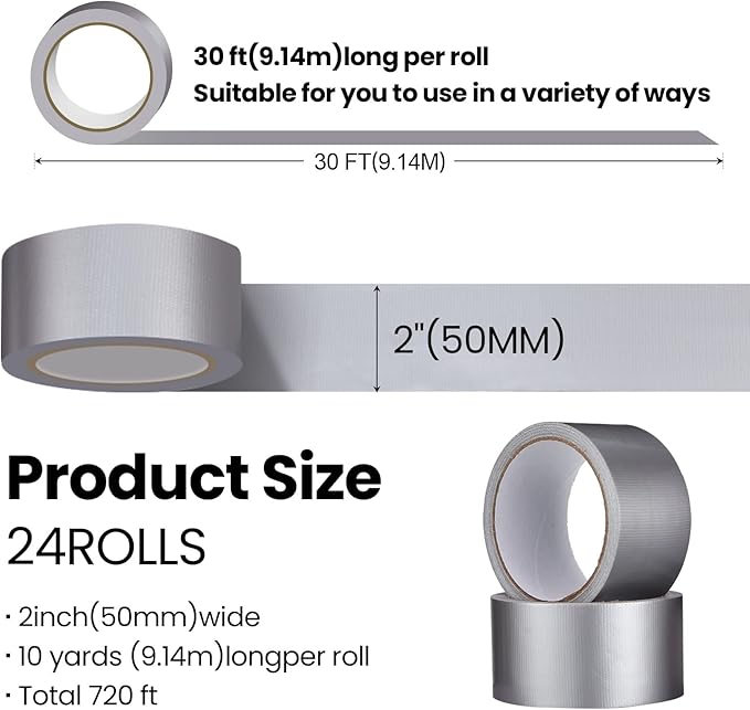Fainne 24 Rolls Colored Duct Tape Bulk, Duct Tape Heavy Duty Waterproof, Multi Purposes, No Residue, Tear by Hand for Indoor Outdoor Use(Silver,10 Yards X 2 Inches)