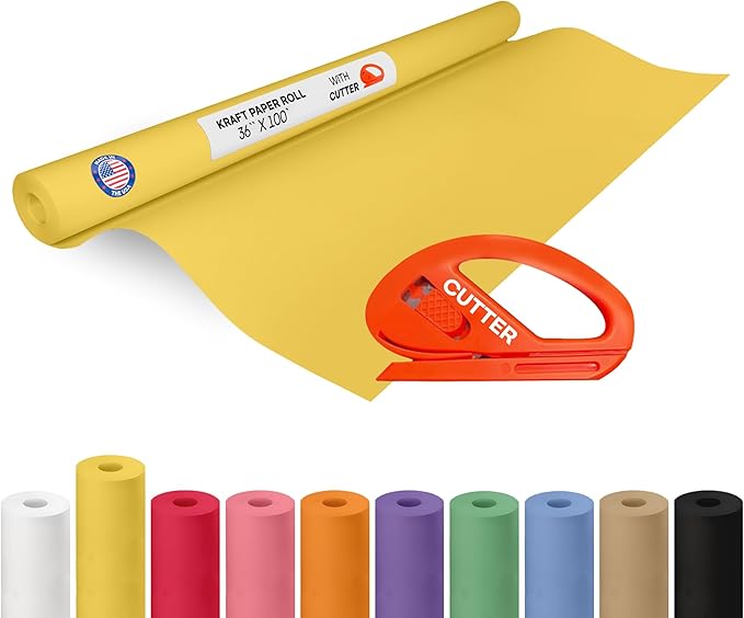 Yellow Kraft Paper Roll 36" x 1200" (100 feet) with Cutter - USA-Made Gift Wrapping Paper for Packing, Moving, Shipping & Crafts/Arts - 100% Recyclable Natural Craft Material by IDL Packaging