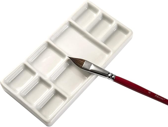 MEEDEN 9-Well News Ceramic Rectangle Artist Paint Palette for Watercolor Gouache Acrylic Oil Painting, 6-4/5 by 3-1/3-Inch